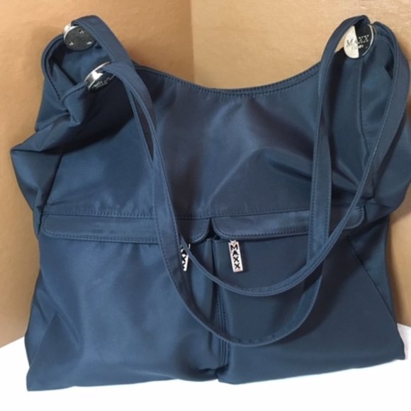 MAXX NEW YORK Navy Blue Nylon Shoulder Handbag Tote 12.5"x14" - Picture 1 of 15